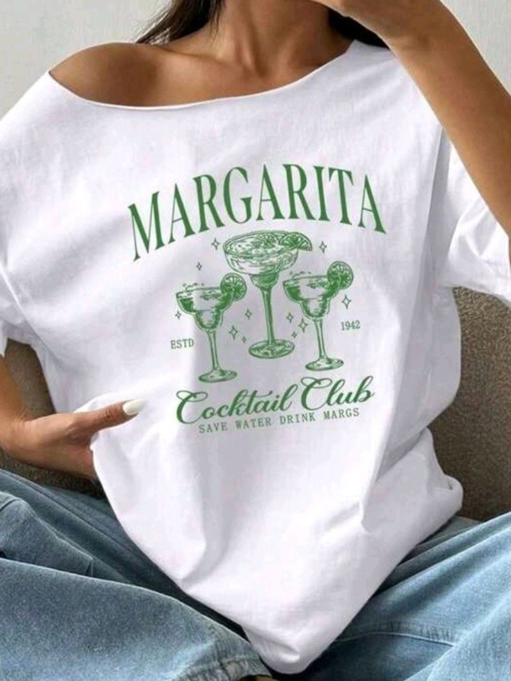 SHEIN White Short Sleeve Margarita Cocktail Club Tee with Green Print